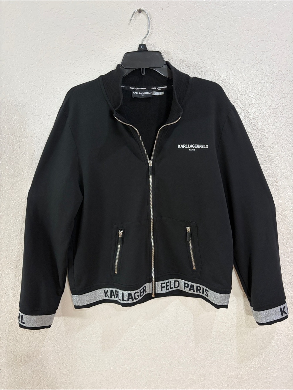 Karl Lagerfeld Black Zip-Front Shirt Jacket with Branded Hem,Size L.
